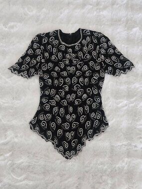 Vintage Black White‎ Silver All Over Beaded Cap Sleeve Top